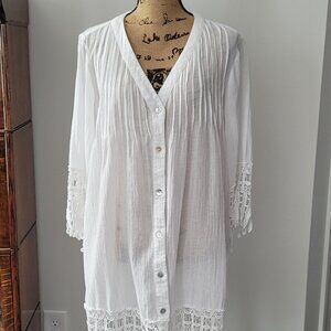 Blue Island Beach Cover Up Large L Sheer Gauzy Flowy Boho Macrame Sleeves
